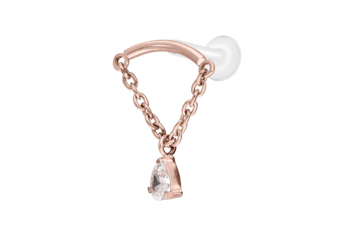 PTFE Labret Piercing mit Innengewinde + Titan-Aufsatz BOGEN + KETTE + KRISTALLTROPFEN